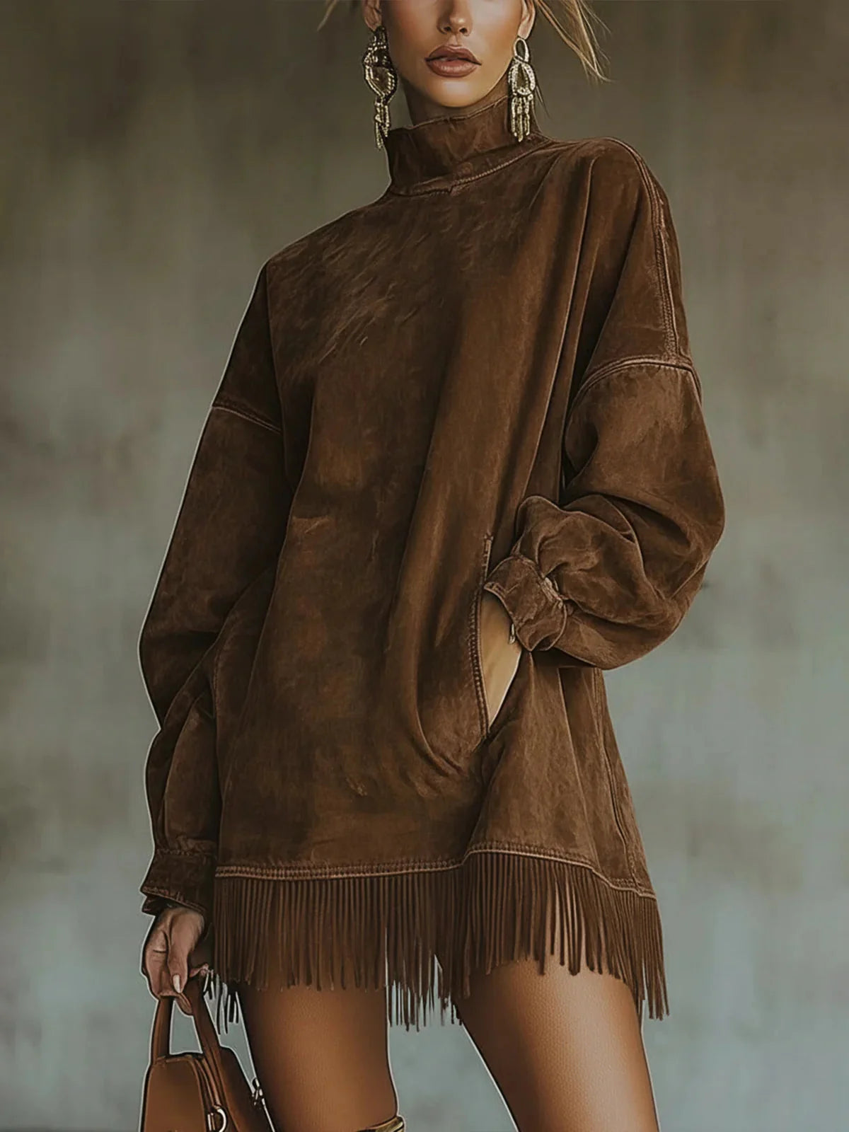 Mylène - Fringed Suede Turtleneck Dress
