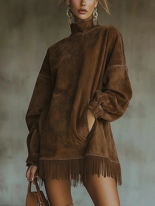 Mylène - Fringed Suede Turtleneck Dress