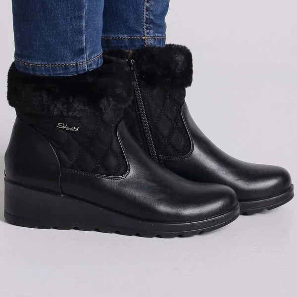 Glenda - Fur-Cuff Quilted Wedge Boots