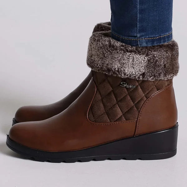 Glenda - Fur-Cuff Quilted Wedge Boots