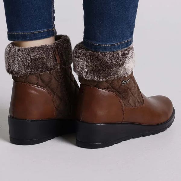 Glenda - Fur-Cuff Quilted Wedge Boots