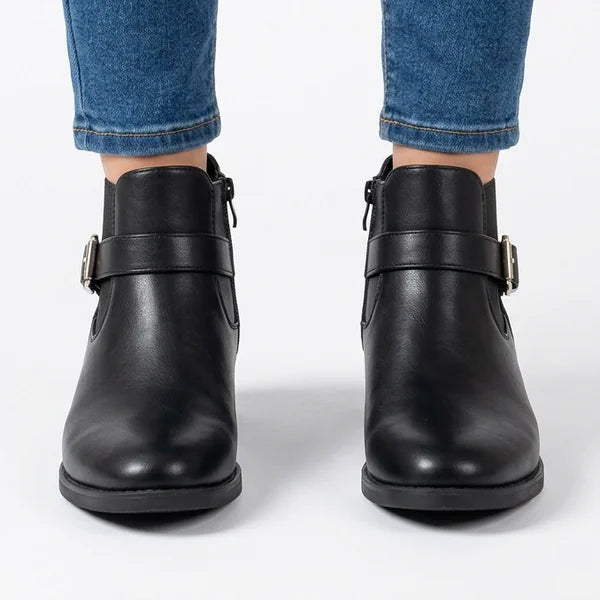 Sheila - Gold-Buckle Low-Heel Ankle Boots