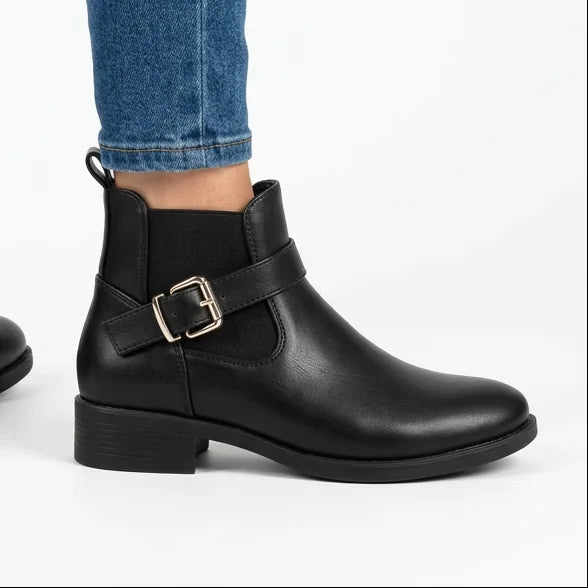 Sheila - Gold-Buckle Low-Heel Ankle Boots