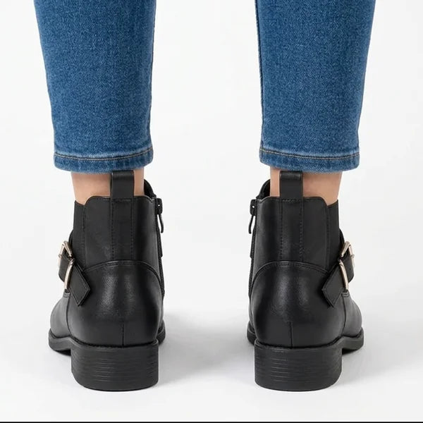 Sheila - Gold-Buckle Low-Heel Ankle Boots