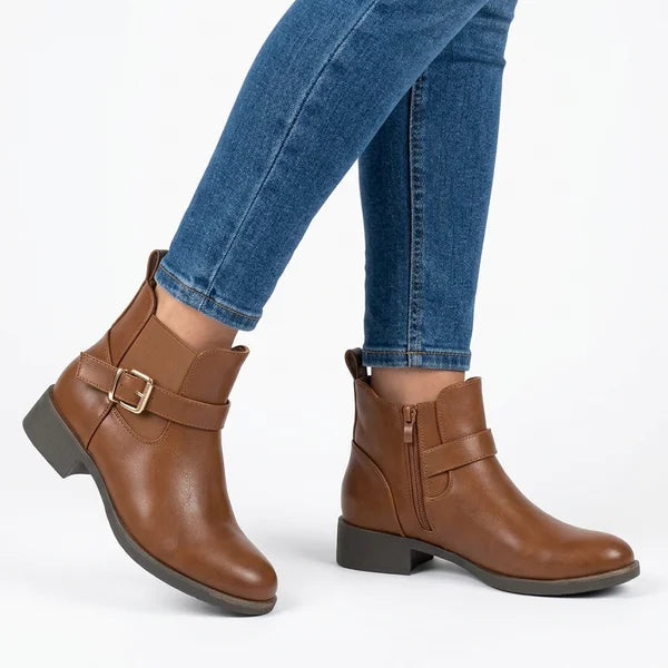 Sheila - Gold-Buckle Low-Heel Ankle Boots