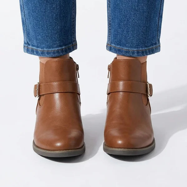 Sheila - Gold-Buckle Low-Heel Ankle Boots