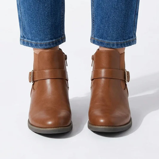 Sheila - Gold-Buckle Low-Heel Ankle Boots