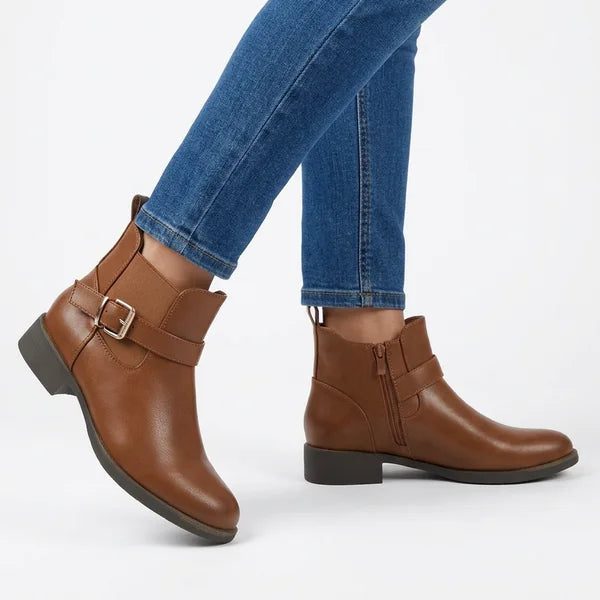 Sheila - Gold-Buckle Low-Heel Ankle Boots