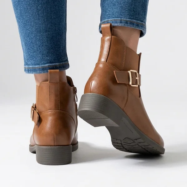 Sheila - Gold-Buckle Low-Heel Ankle Boots