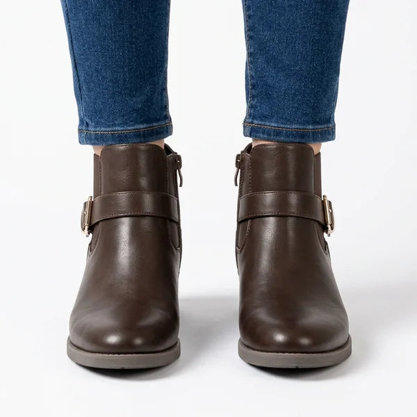 Sheila - Gold-Buckle Low-Heel Ankle Boots