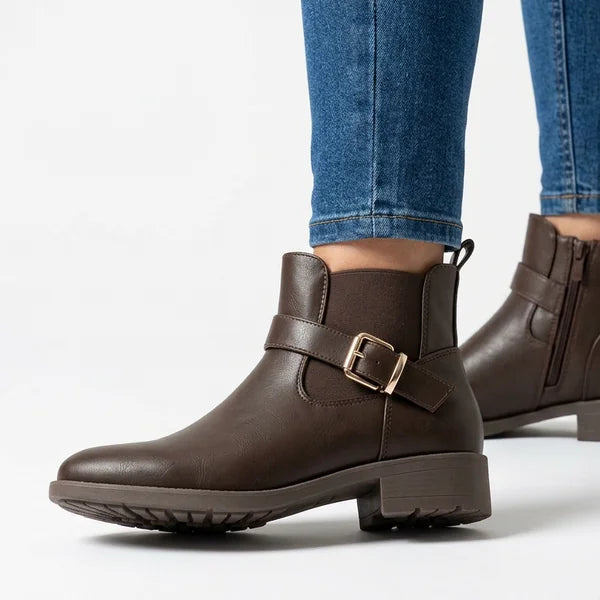 Sheila - Gold-Buckle Low-Heel Ankle Boots