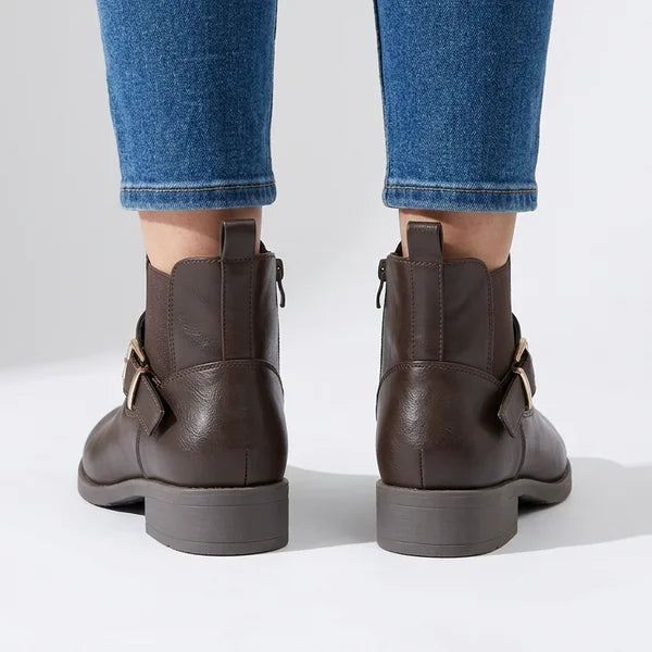 Sheila - Gold-Buckle Low-Heel Ankle Boots