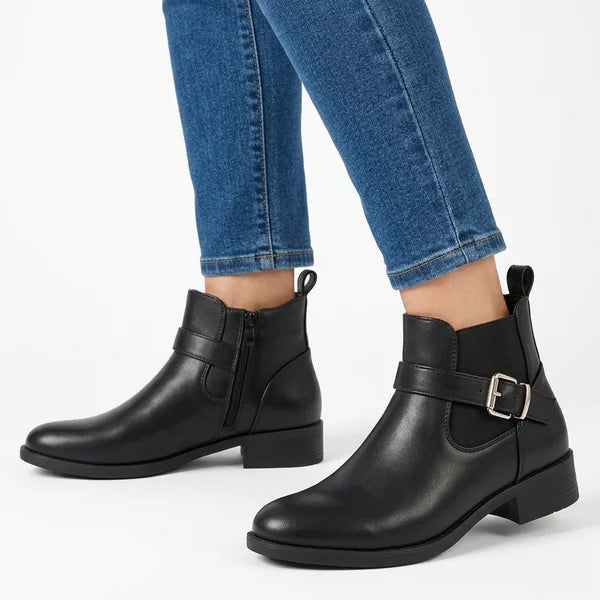 Sheila - Gold-Buckle Low-Heel Ankle Boots