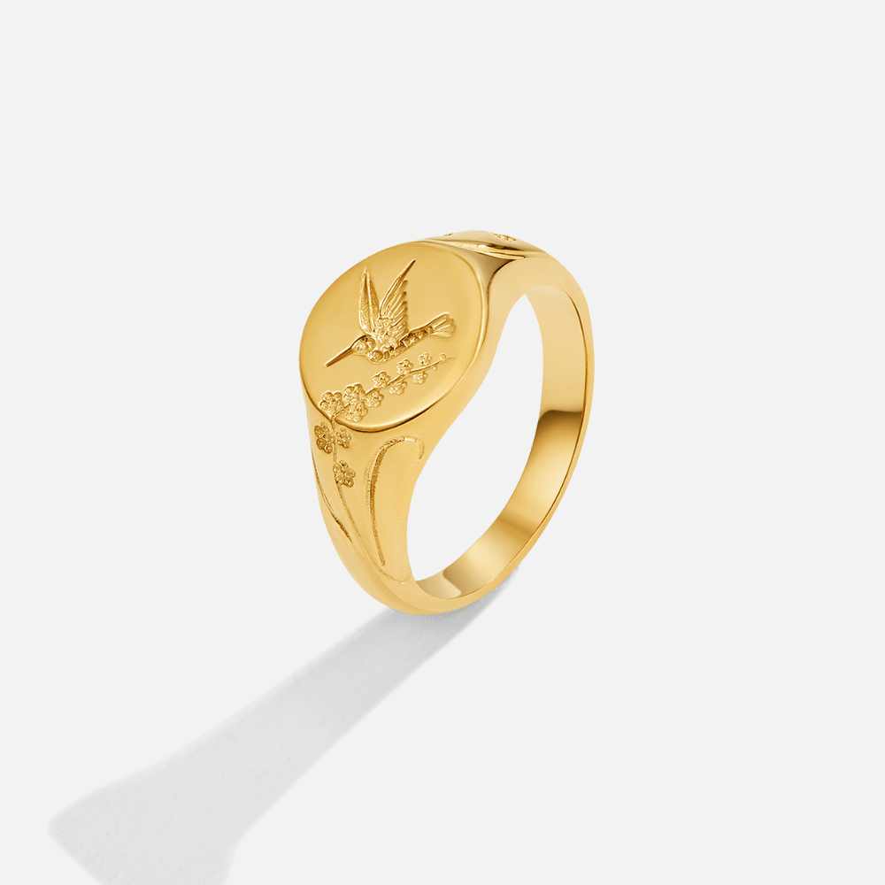 June - Gold Hummingbird Signet Ring