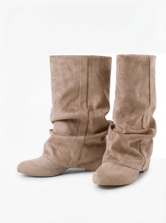 Emilia - Beige Slouchy Suede Boots - view 2