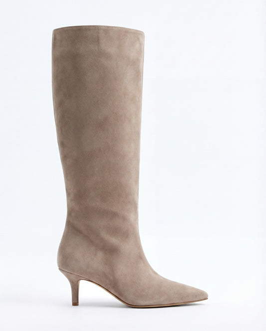 Mona - Beige Suede Knee-High Boots