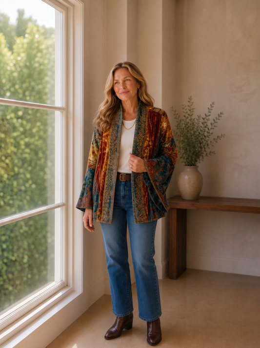 Boho kimono jacket worn open over a white tee and jeans by a window