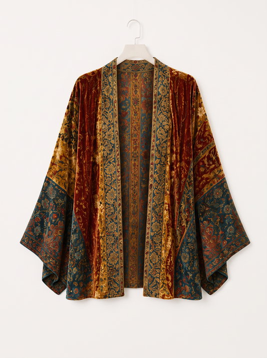 Boho kimono jacket shown flat, teal ochre and rust velvet with wide sleeves