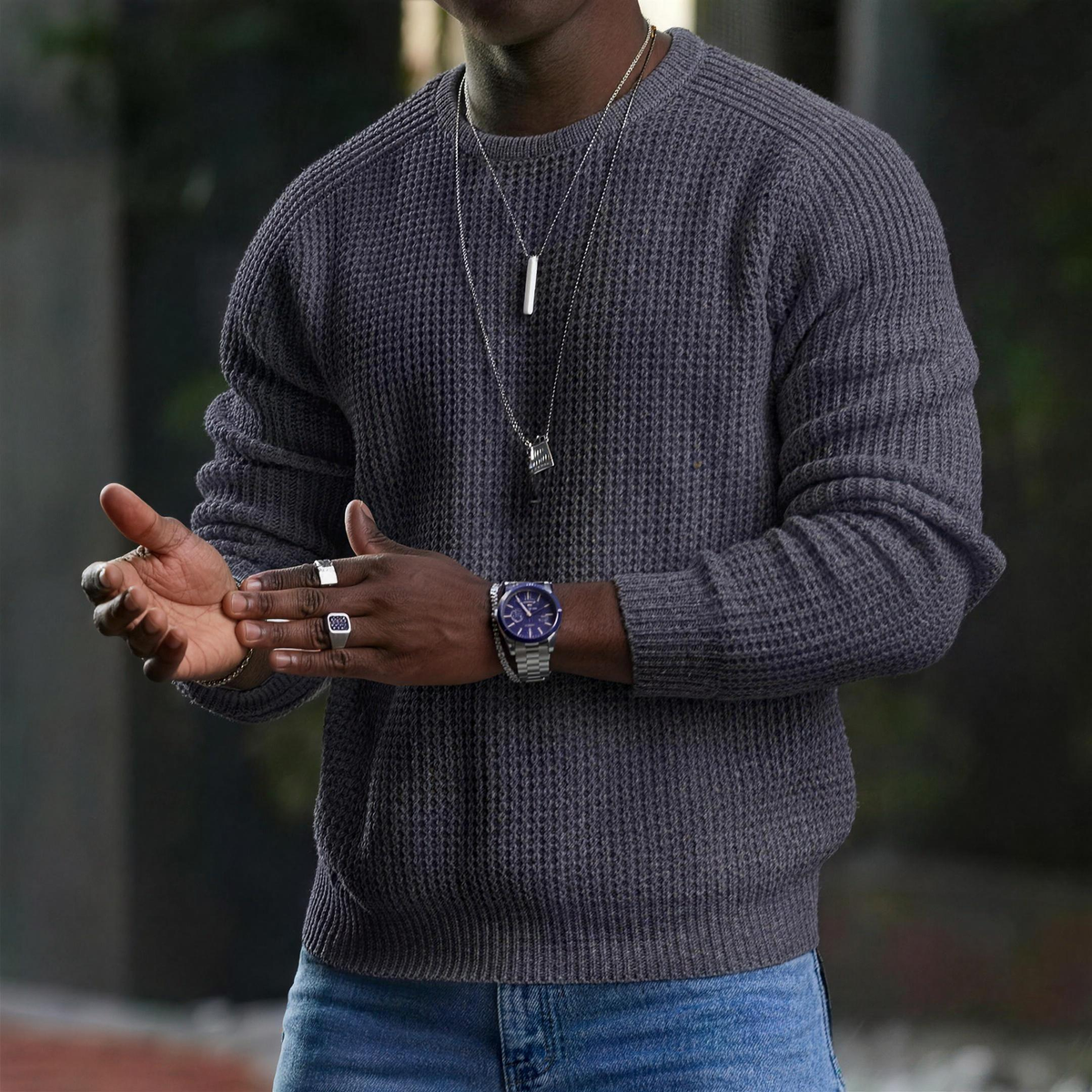 Men's Classic Long Sleeve Crewneck Sweater with Ribbed Edge - Dark Grey