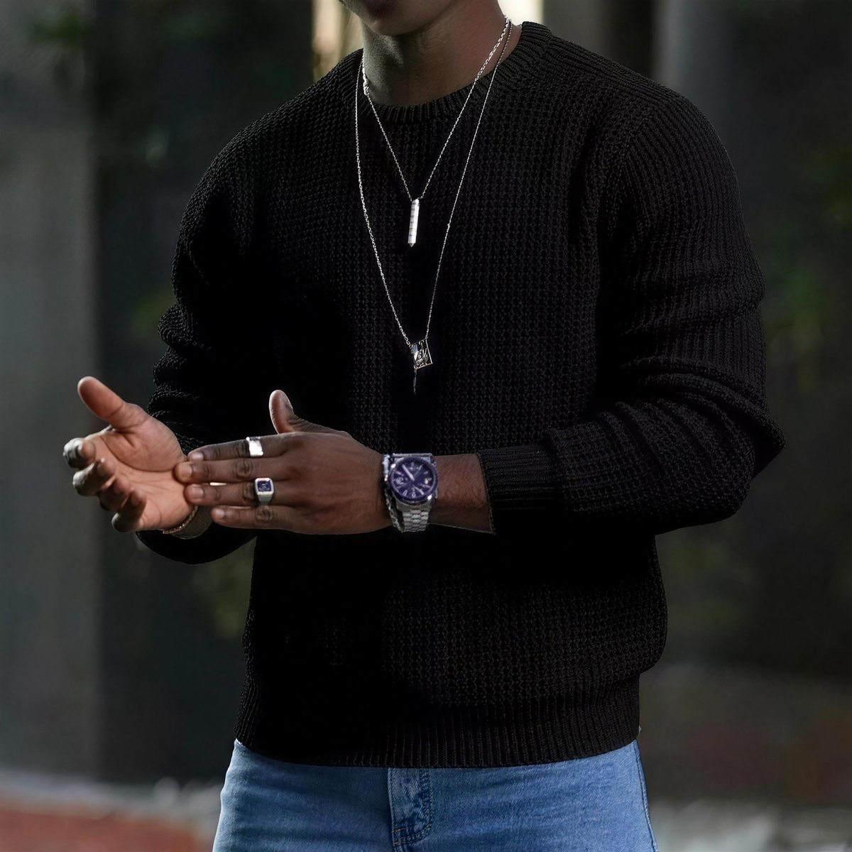 Men's Classic Long Sleeve Crewneck Sweater with Ribbed Edge - Black