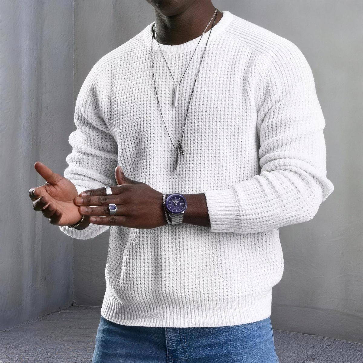 Men's Classic Long Sleeve Crewneck Sweater with Ribbed Edge - White