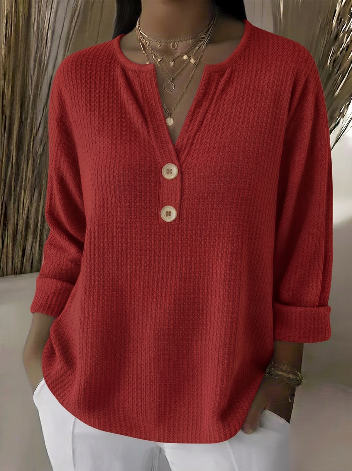 Reese - Waffle Henley Button Top 2