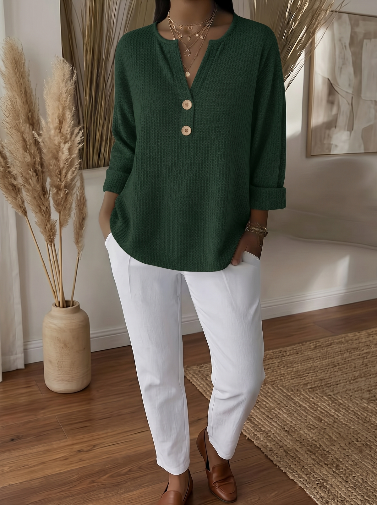Reese - Waffle Henley Button Top 4