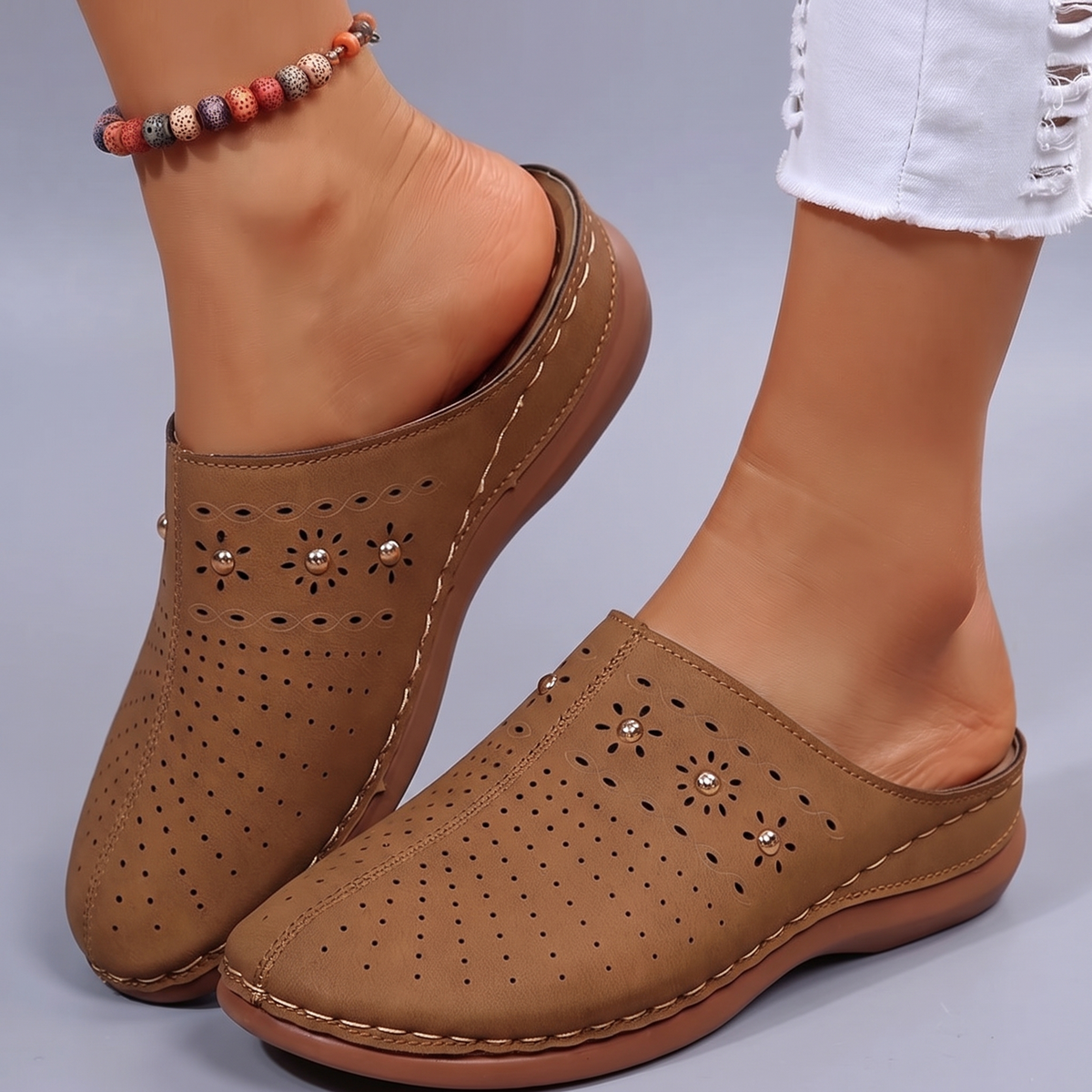 Ashley - Perforated Studded Wedge Mules