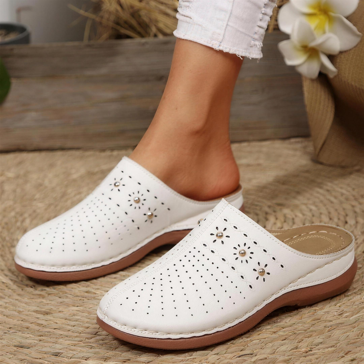 Ashley - Perforated Studded Wedge Mules