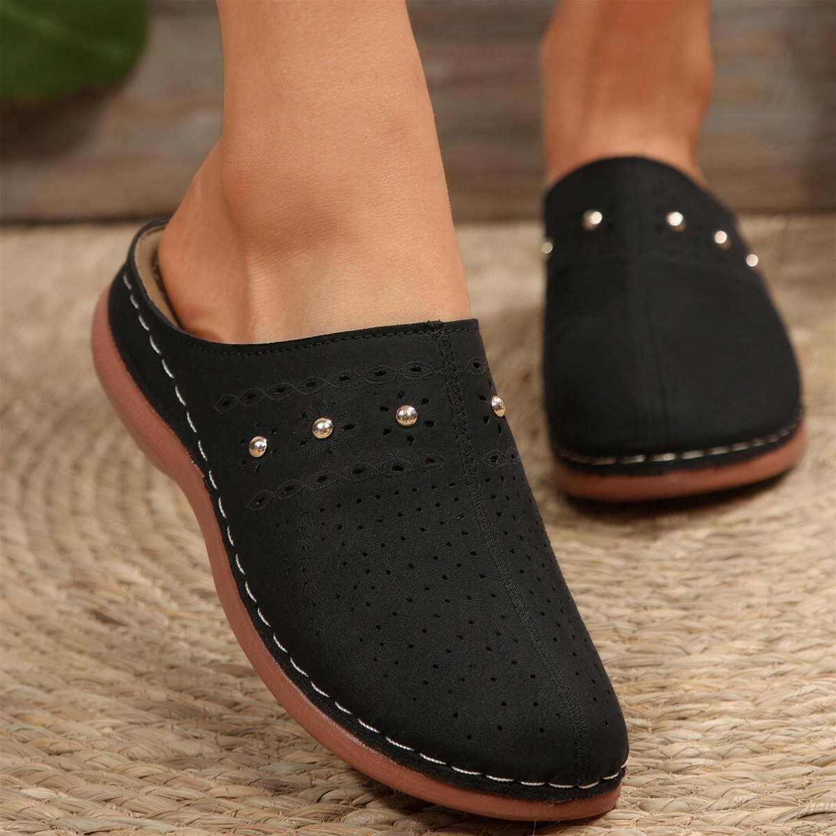 Ashley - Perforated Studded Wedge Mules