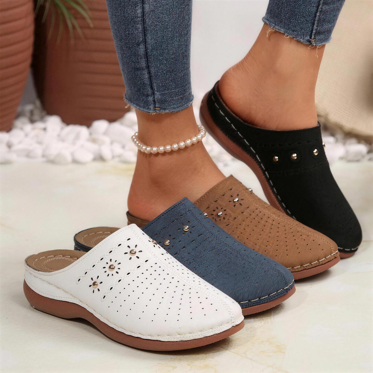 Ashley - Perforated Studded Wedge Mules