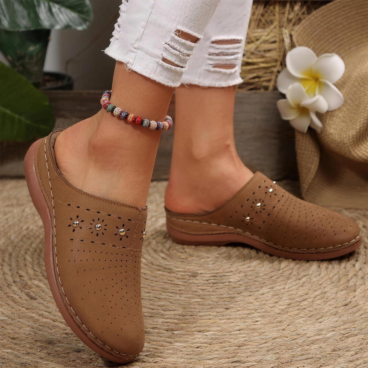Ashley - Perforated Studded Wedge Mules