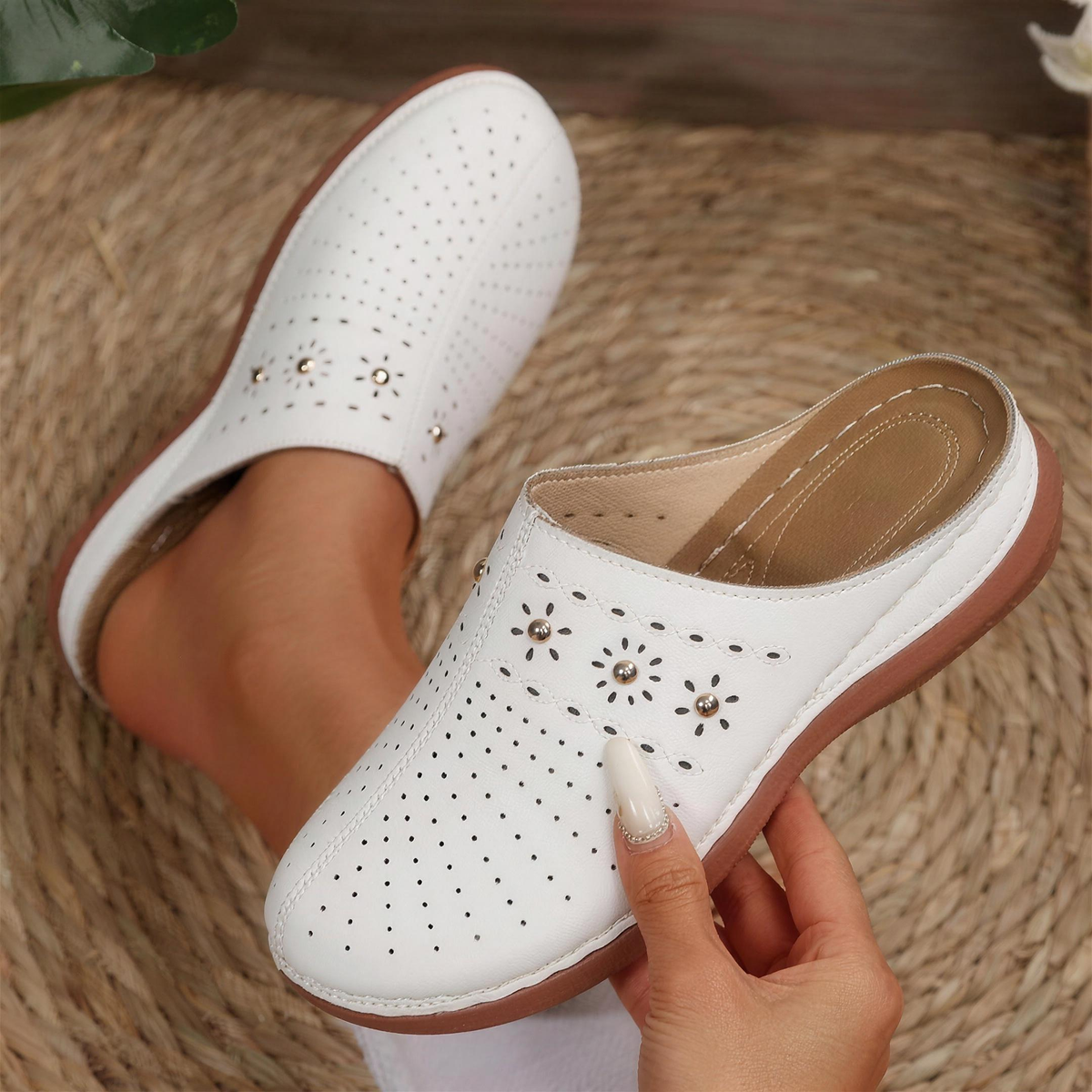 Ashley - Perforated Studded Wedge Mules