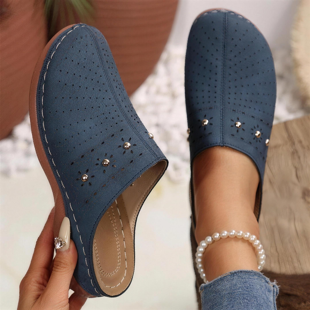 Ashley - Perforated Studded Wedge Mules