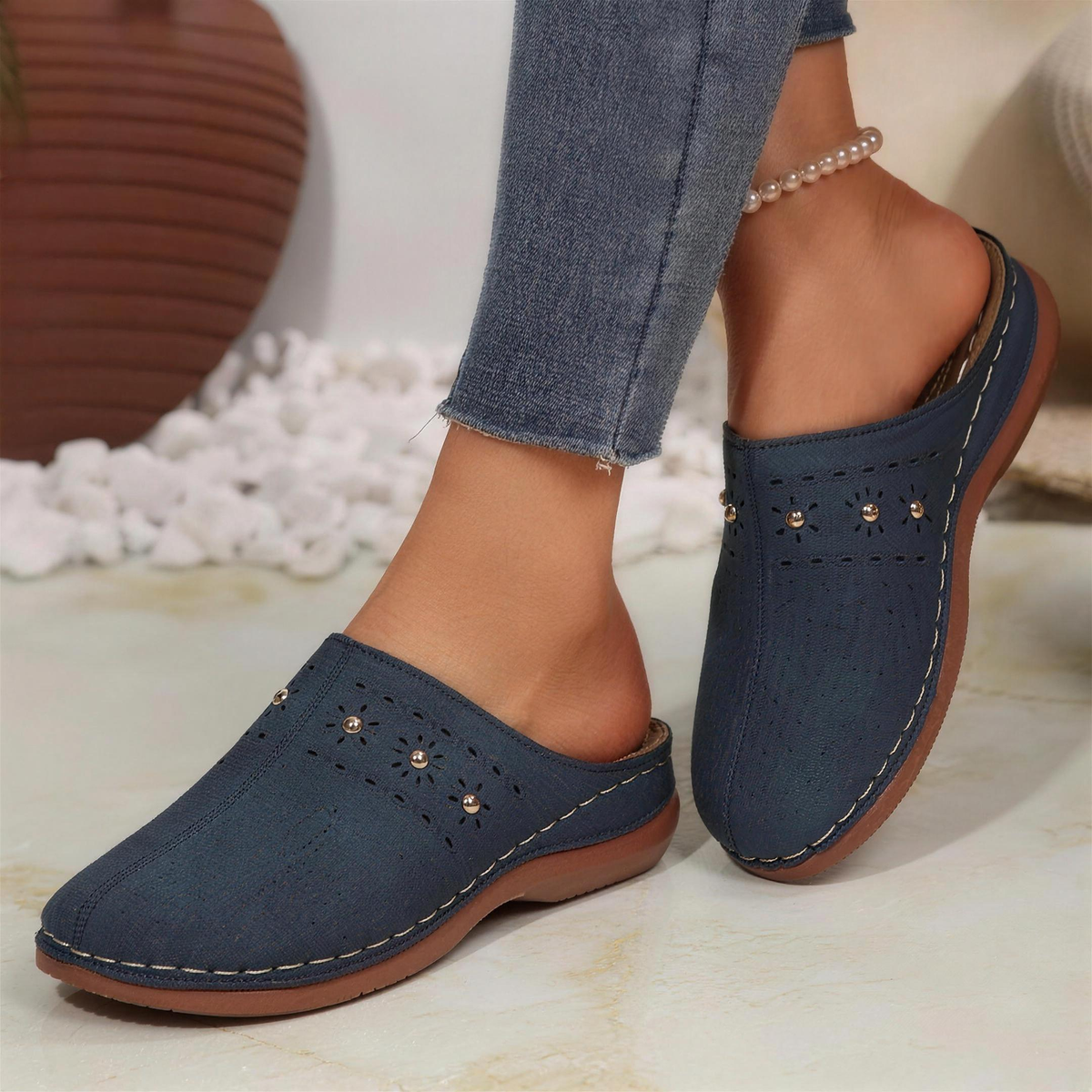 Ashley - Perforated Studded Wedge Mules