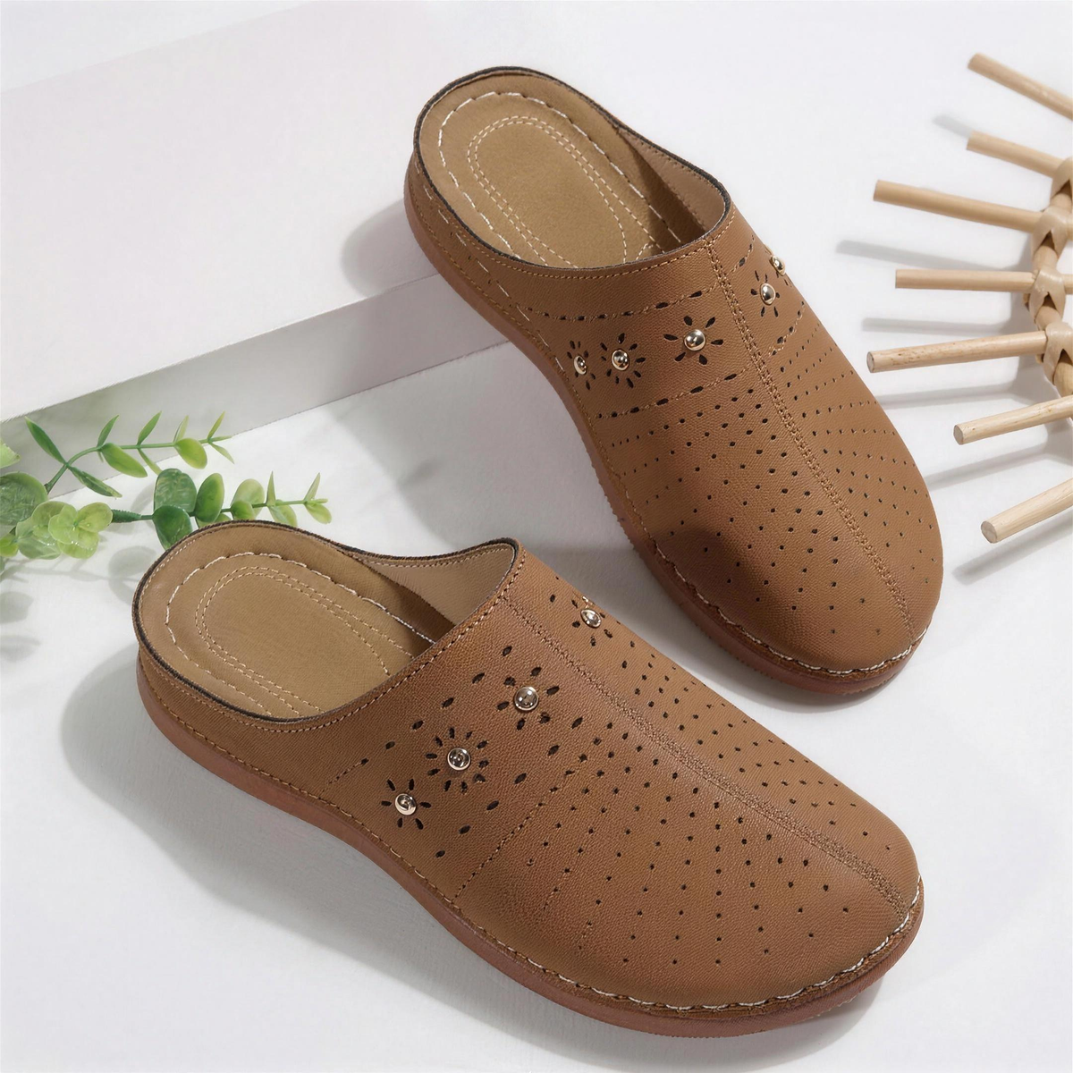 Ashley - Perforated Studded Wedge Mules