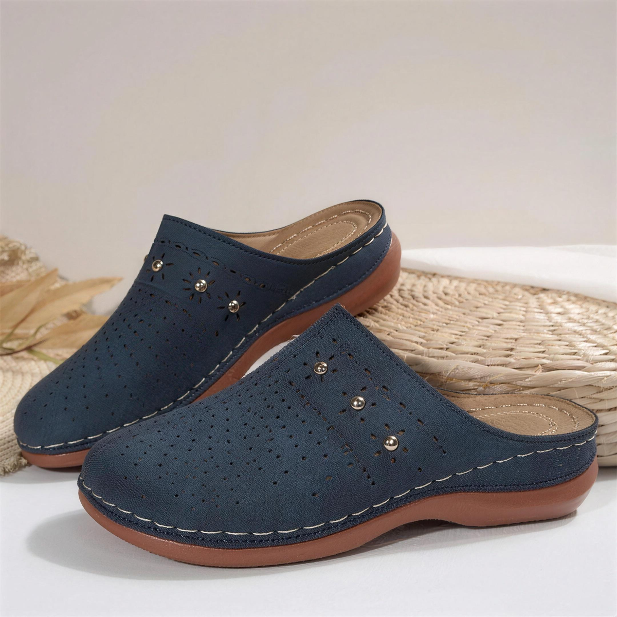 Ashley - Perforated Studded Wedge Mules