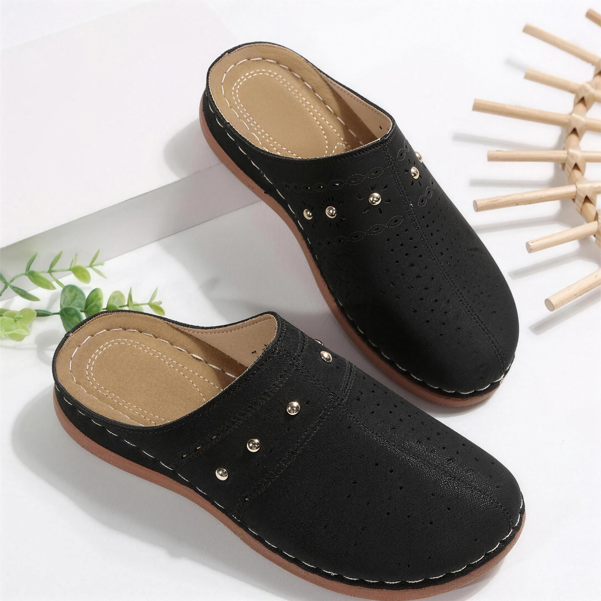 Ashley - Perforated Studded Wedge Mules