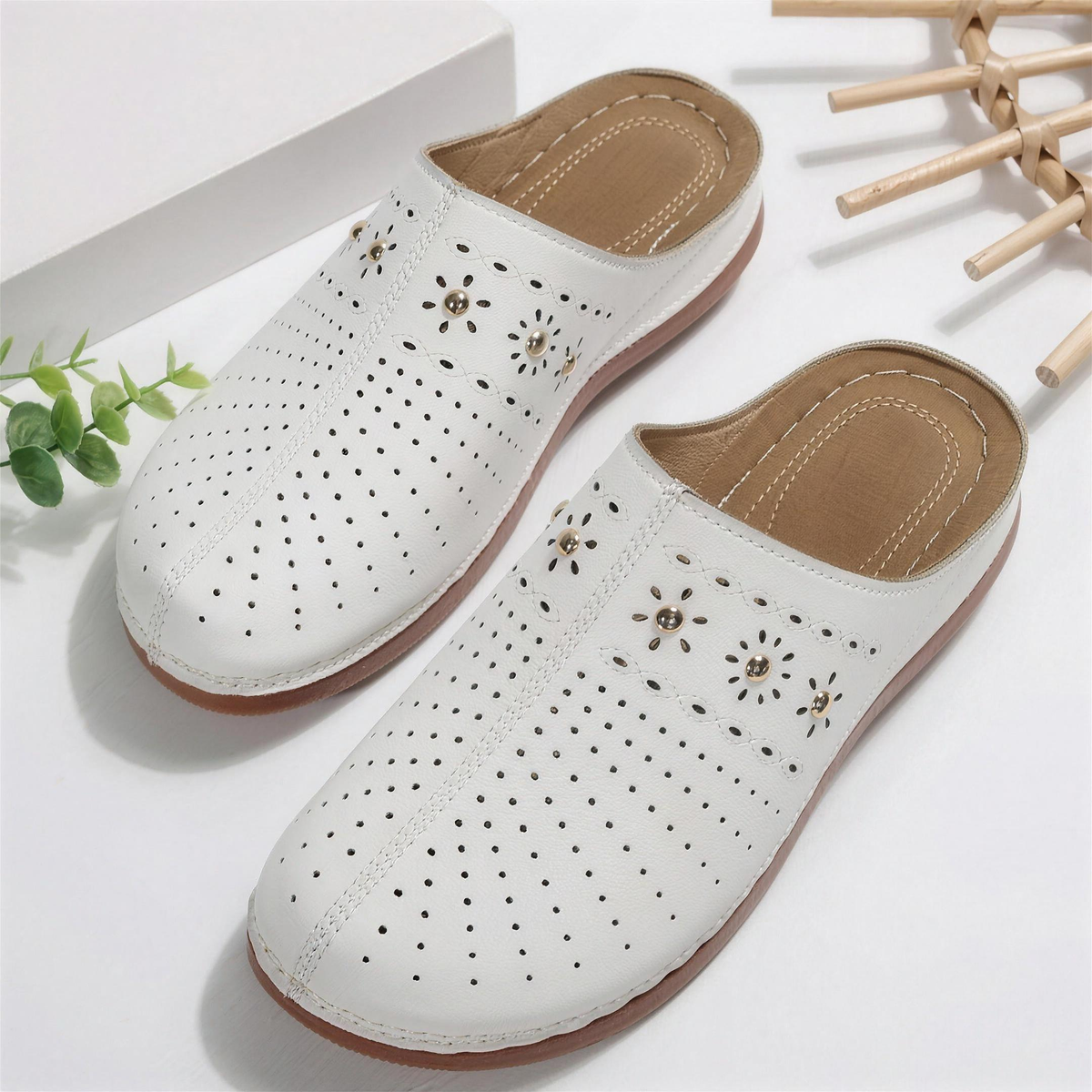 Ashley - Perforated Studded Wedge Mules