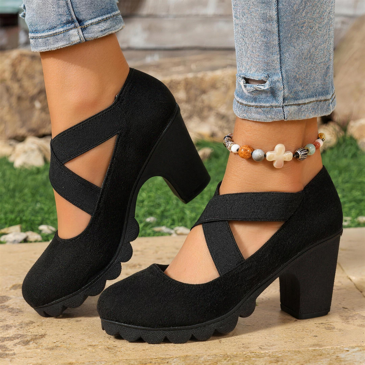 Jacqueline - Crisscross Strap Mary Jane Heels