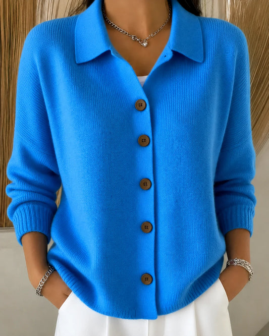 Agnes collared knit cardigan worn over a top