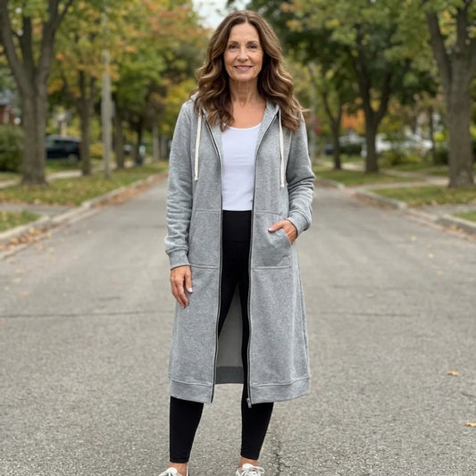Faye long zip-up cardigan worn as a relaxed layer