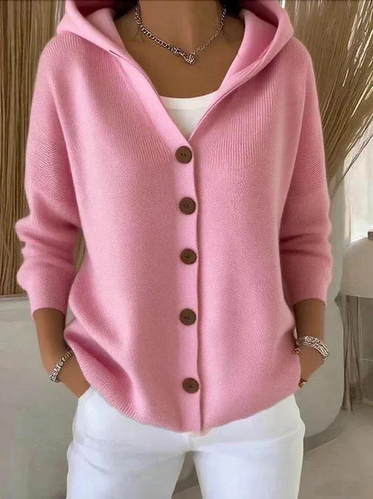 Zoe hooded knit cardigan worn for everyday ease