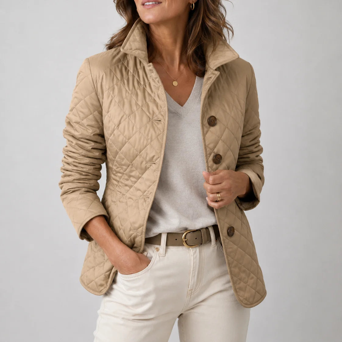 Kelley lightweight quilted jacket worn with jeans