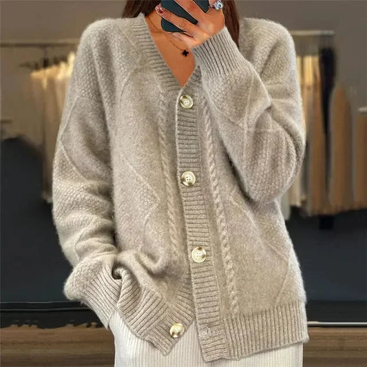 Lena soft cashmere buttoned cardigan worn on a cool day