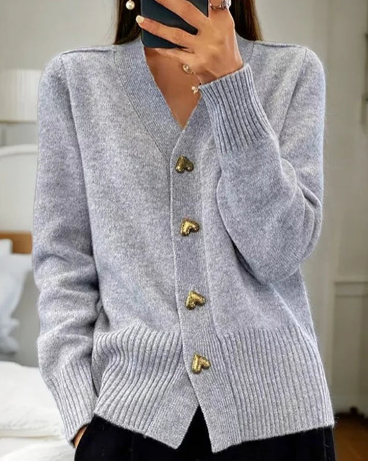 Michaela v-neck heart-button cardigan worn casually