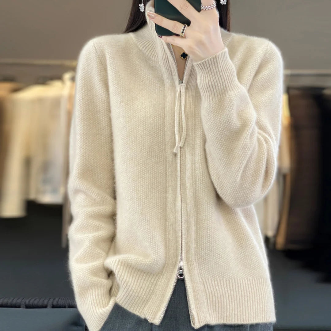 Winnie soft zip-up cardigan worn casually