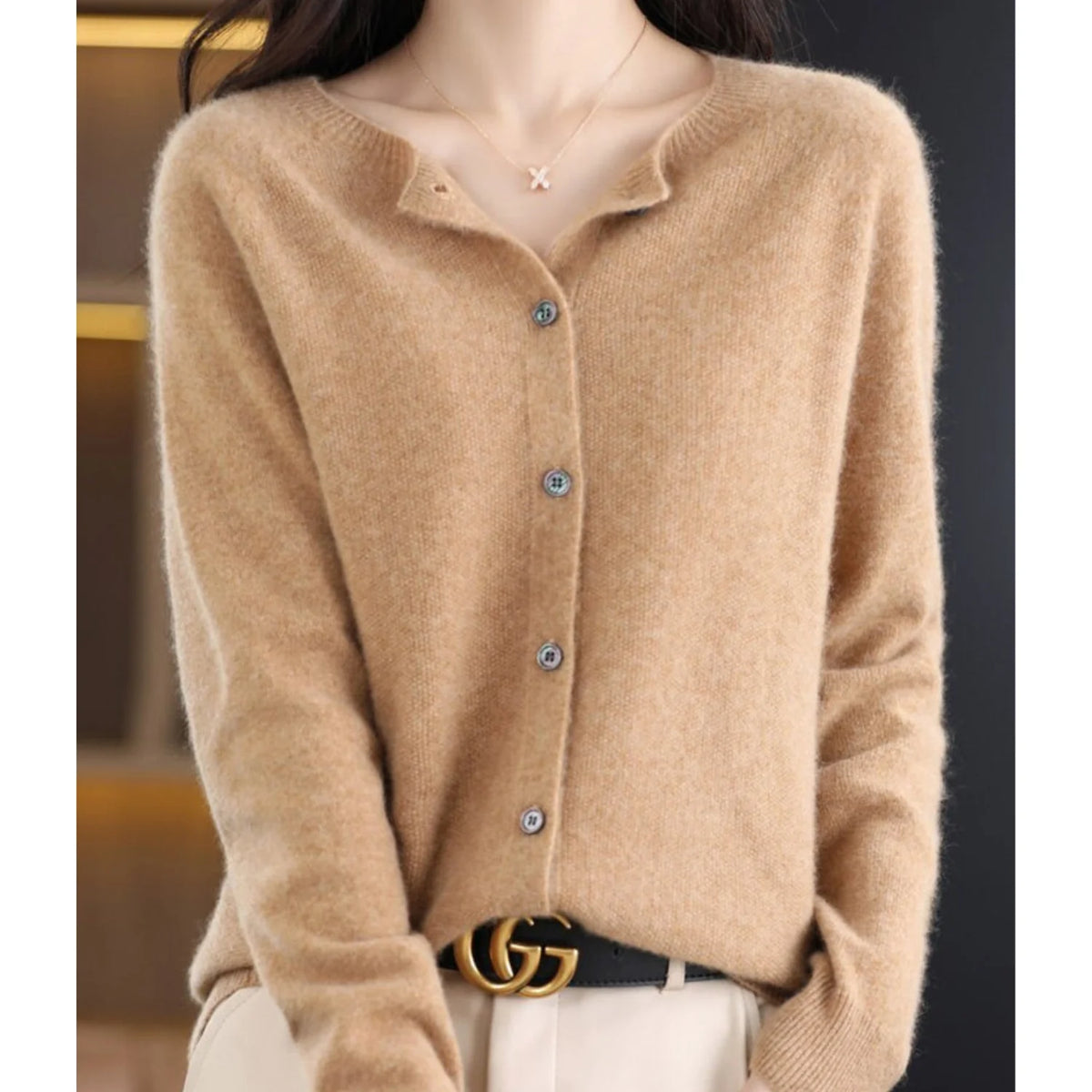 Charlene merino wool cardigan styled for work or casual