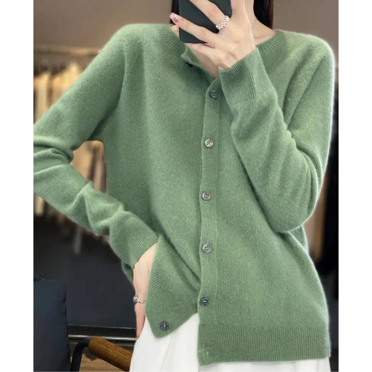 Charlene merino wool cardigan styled for work or casual