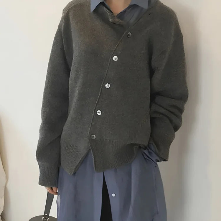 Luna asymmetric button cardigan worn relaxed